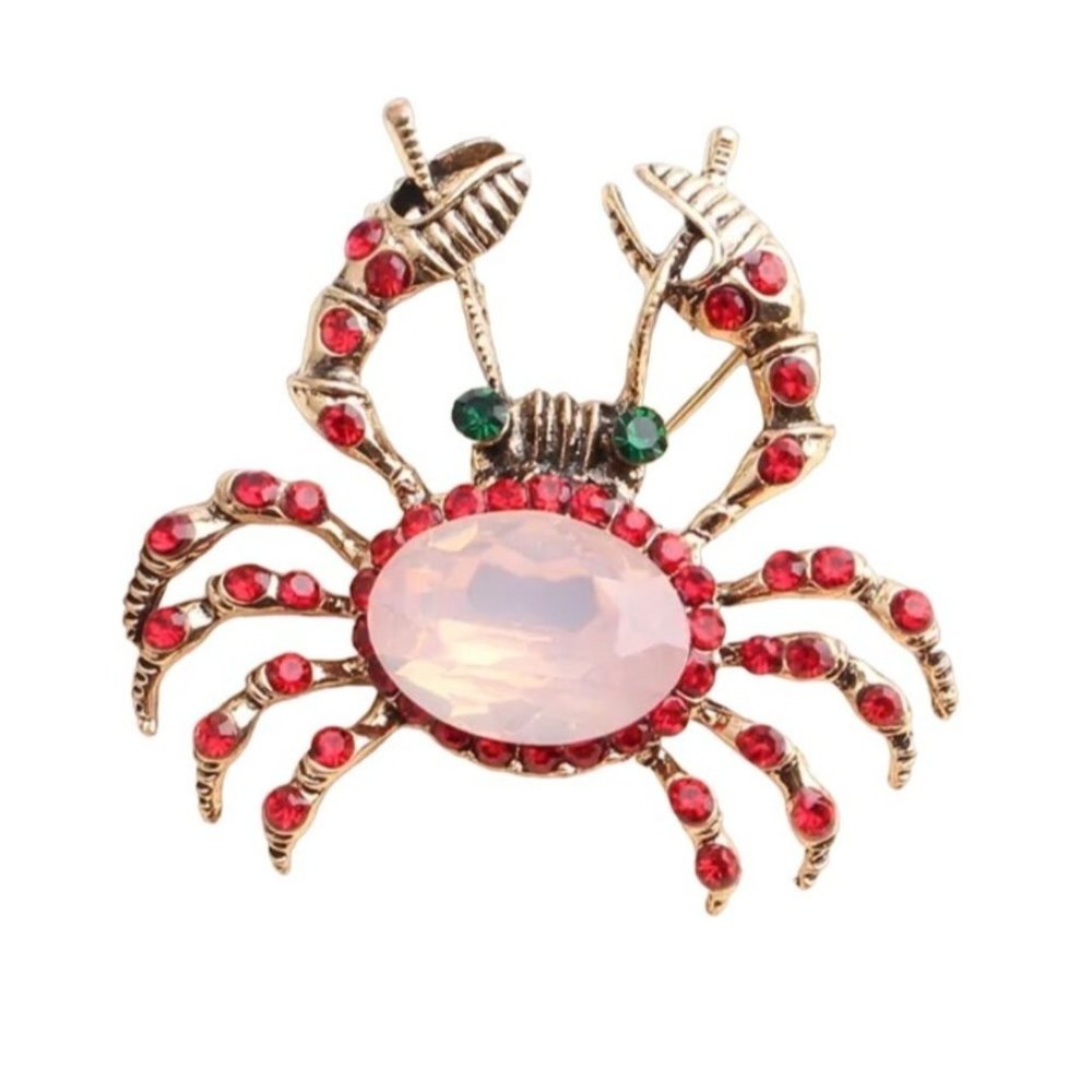 Gold Tone Crab Brooch Red Crystals and Light Pink Center Rhinestone